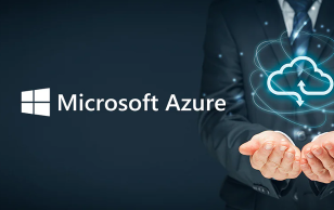 Microsoft Azure logo displayed beside someone holding up a cloud computing icon