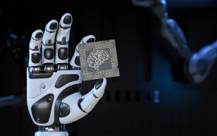 Robot holding a chip to reflect on automation.