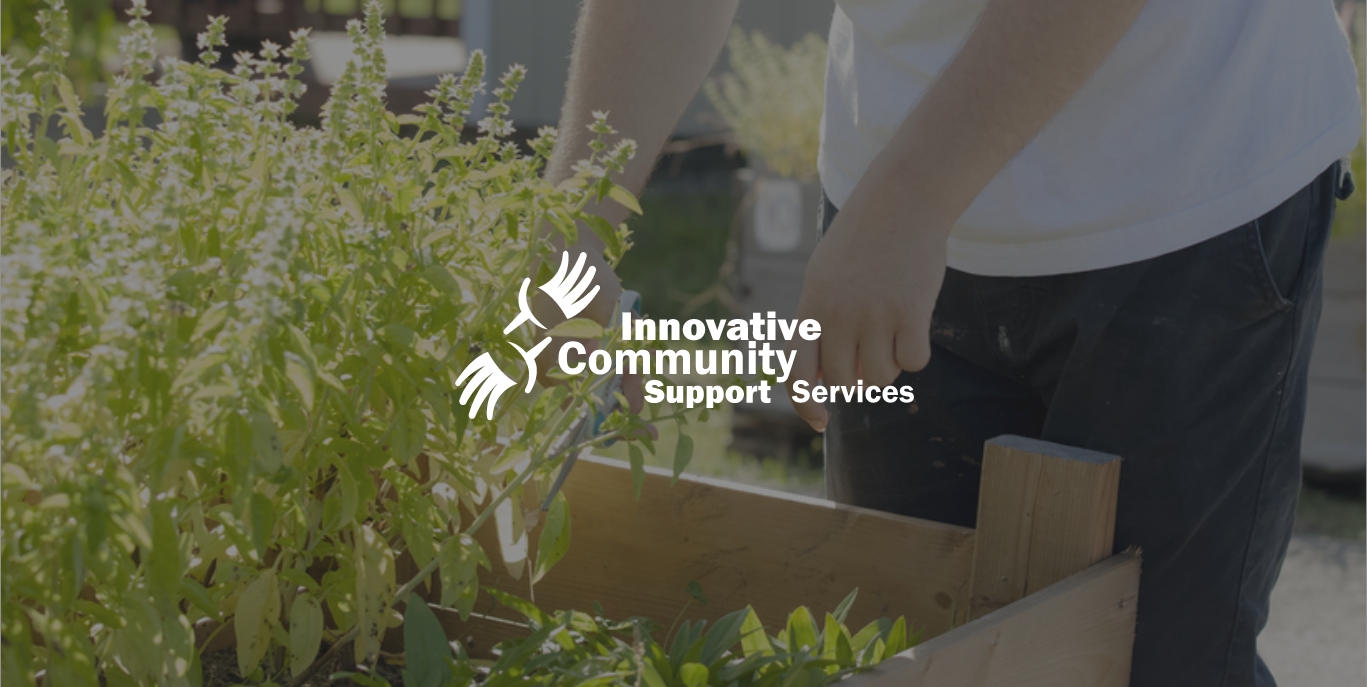 ICSS Logo with a backdrop of youth maintaining a garden