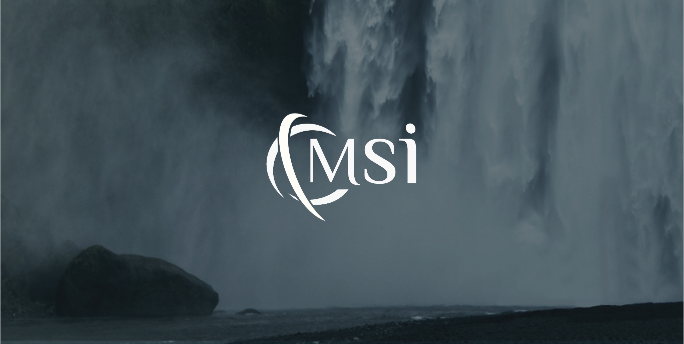 MSI Corp Logo with a backdrop of a waterfall