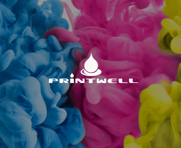 Printwell logo in front of CMYK ink effect